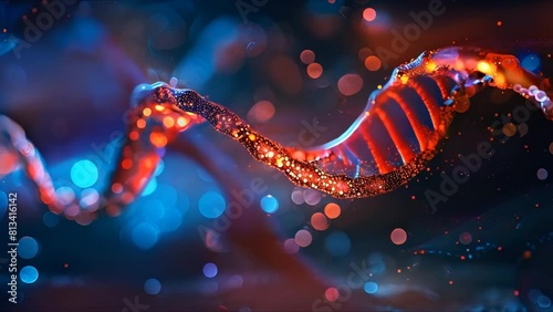 Glowing double helix DNA strand with sparkling particles symbolizing genetics and life. Concept Genetics, DNA, Life, Sparkling Particles, Double Helix photo