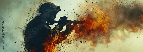 A man is seen in the foreground holding a gun, with a blazing fire in the background. The scene conveys a sense of danger and intensity.