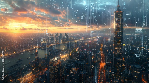 Visualize the future of financial success through a digital illustration portraying a panoramic view of a bustling metropolis
