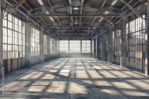 3d rendering of an empty warehouse with a lot of windows 
