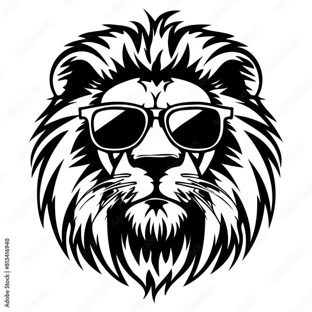 Cool Lion wearing sunglass black silhouette logo svg vector, Lion icon illustration