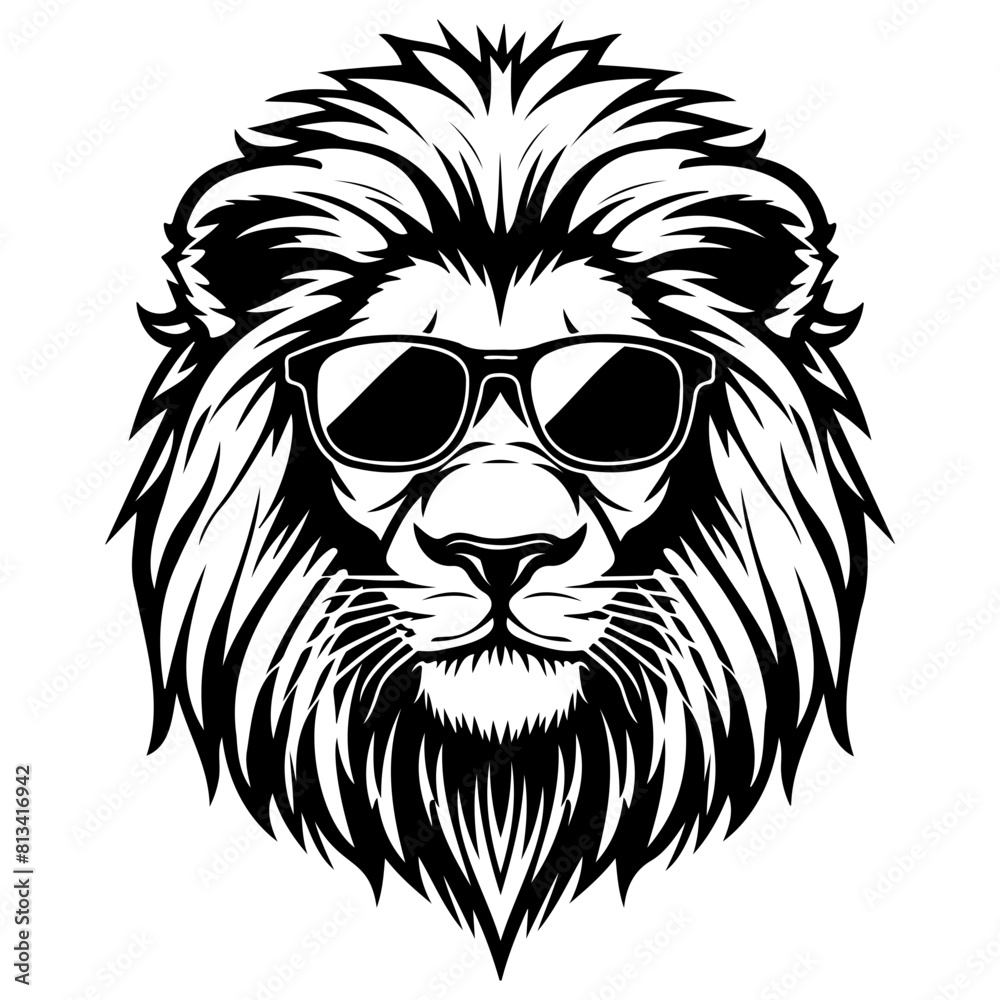 Cool Lion wearing sunglass black silhouette logo svg vector, Lion icon illustration