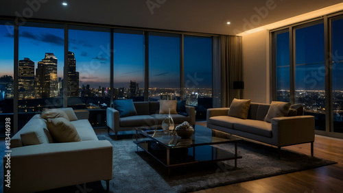 A modern living room interior with floor-to-ceiling windows overlooking a bustling cityscape at night