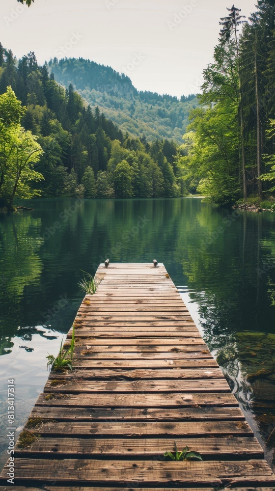 A wooden bridge spans a river in a forest. The water is calm and the trees are lush and green. The scene is peaceful and serene, with the bridge serving as a connection between the land and the water A wooden bridge spans a river in a forest. The water is calm and the trees are lush and green. The scene is peaceful and serene, with the bridge serving as a connection between the land and the water
