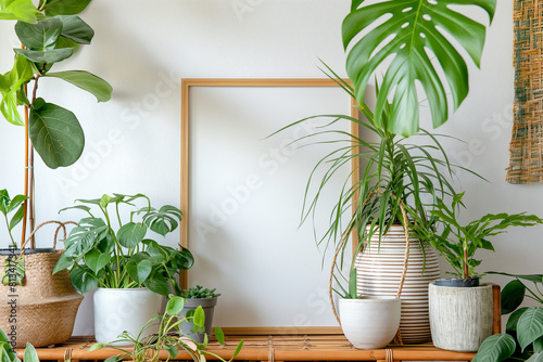 plant in the window with white mockup, Scandinavian Room Interior with Mock-up Photo Frame on Wall