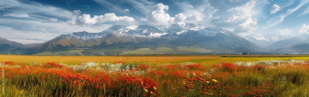 Fototapeta premium A field filled with vibrant red flowers with towering mountains in the background. The flowers create a striking contrast against the greenery of the field, leading up to the majestic mountains.