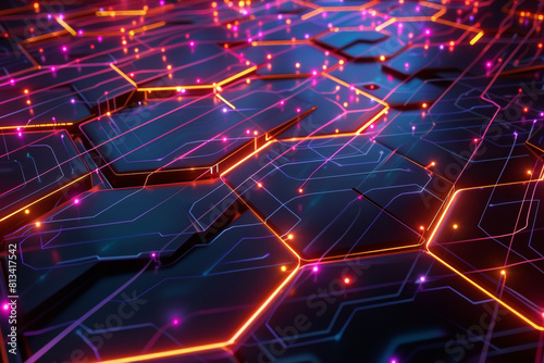 3D visualization of a futuristic digital network, glowing with vibrant colors and geometric complexity 