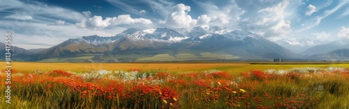 A field filled with vibrant red flowers with towering mountains in the background. The flowers create a striking contrast against the greenery of the field  leading up to the majestic mountains.