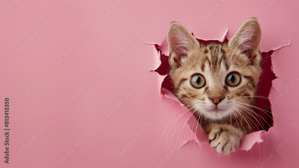 cat peeking through hole in pink paper background with copy space cat peeking through hole in pink paper background with copy space