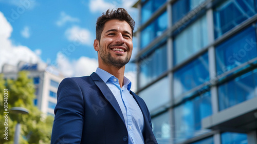 businessman smiling while standing in front of the building