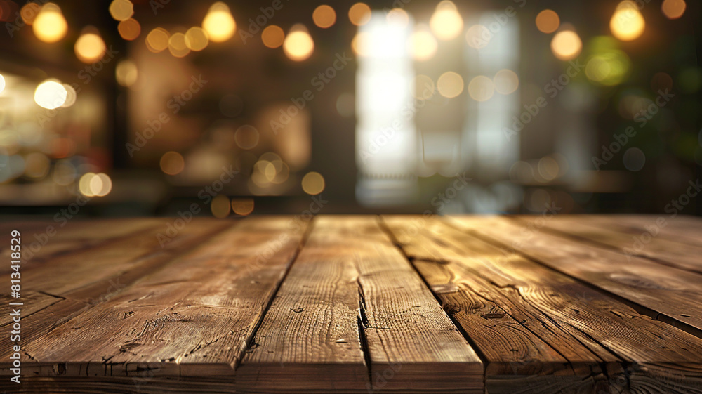 Empty wooden table top with blurred abstract background for product display presentation Empty wooden table top with blurred abstract background for product display presentation