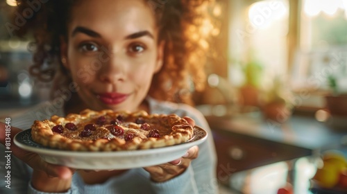 A woman is enjoying a piece of freshly baked pie on a tartan plate  savoring the flaky crust and tasty filling as she chews with satisfaction AIG50
