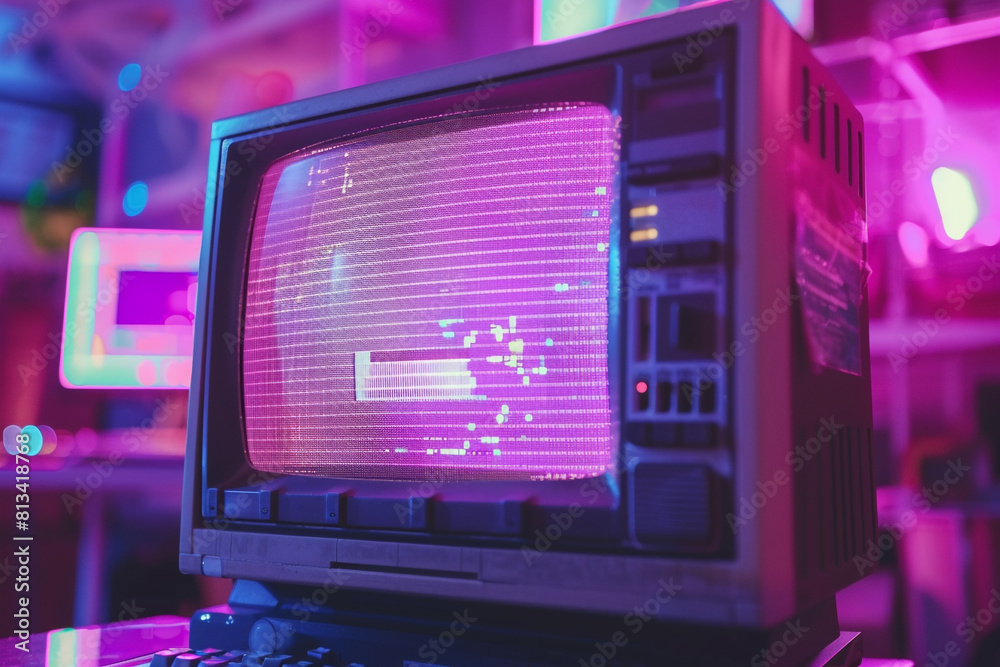 80s Retro wave style background displayed on vintage computer screen VHS noise and glitch effects Bright purple colors Old display