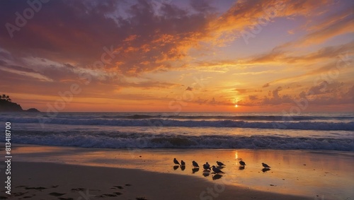 Birds on the beach at sunset with waves crashing, sunset at the beach photo