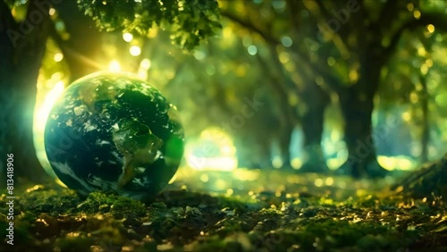 Earth with tree belt tightening symbolizing offsetting carbon emissions in surreal image. Concept Surreal Photography, Environmental Conservation, Carbon Offsetting, Tree Symbolism, Earth Awareness photo
