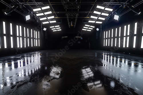 360 degree full panorama environment map of black minimalistic studio environment with bright lights and reflections 3d render illustration hdri hdr vr virtual reality 