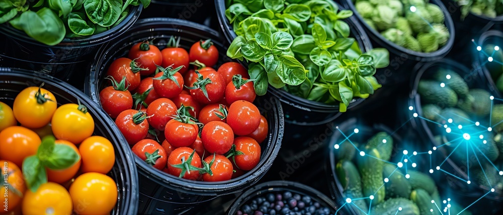 fresh, safety, food traceability systems, top view, track food, digital tone, Tetradic color scheme fresh, safety, food traceability systems, top view, track food, digital tone, Tetradic color scheme