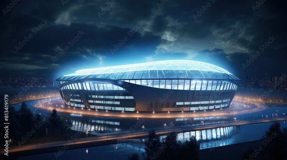 Obraz premium A stadium with a blue sky and a city in the background