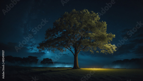  large tree is in the foreground of a field at night