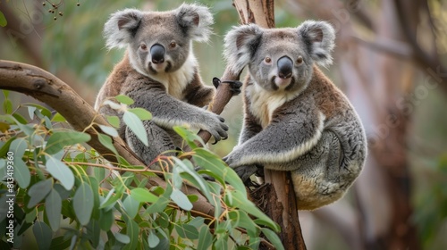 Two koalas are perched on a tree branch, resting comfortably. The iconic Australian marsupials are observed in their natural habitat, displaying their characteristic behavior.