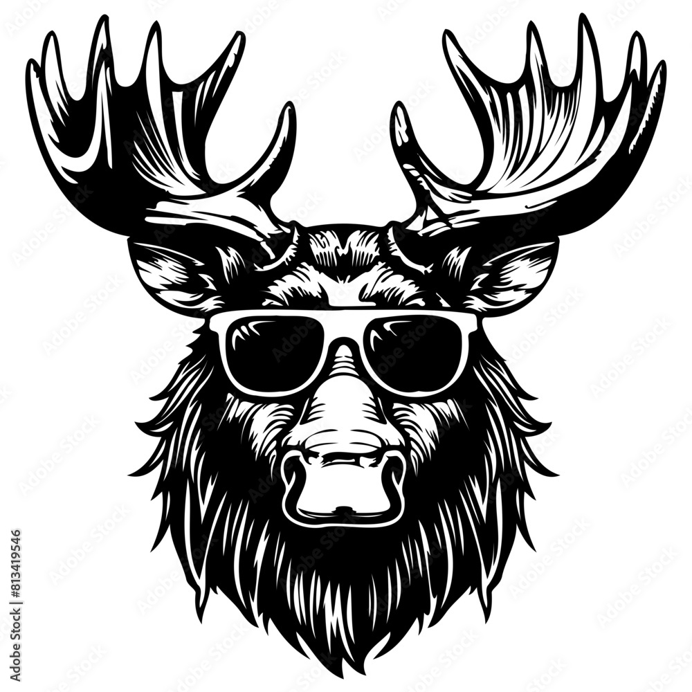 Cool Moose wearing sunglass black silhouette logo svg vector, Moose icon illustration