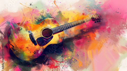 Abstract guitar with colorful paint splashes background