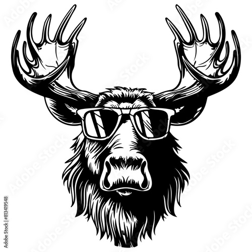 Cool Moose wearing sunglass black silhouette logo svg vector, Moose icon illustration