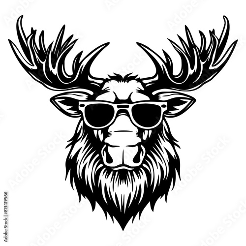 Cool Moose wearing sunglass black silhouette logo svg vector, Moose icon illustration