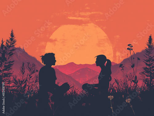 AI generated image of young female couple watching sunset during vacation at mountains. Lesbian love: Silhouetted couple of girls embrace in mountain landscape, under sunset's glow