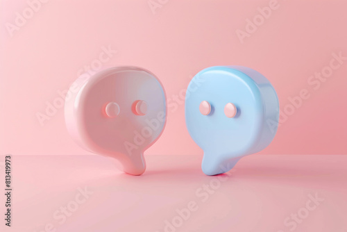 A 3D chat icons duo, overlapping on a pastel blush background