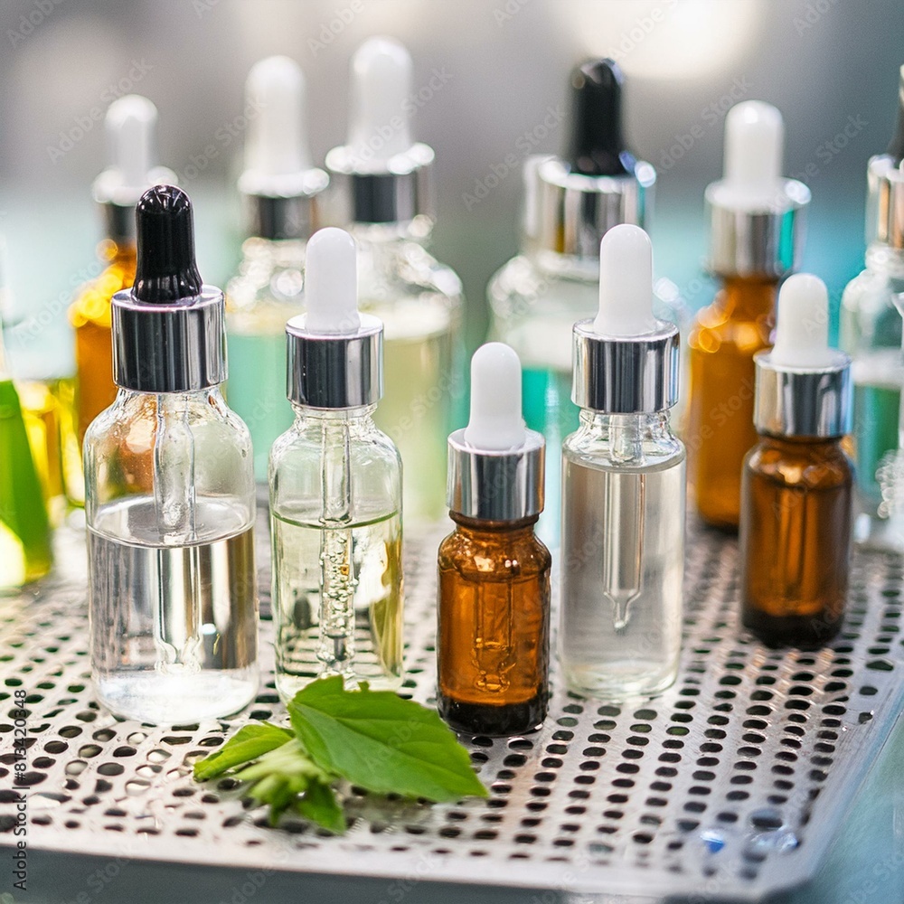 skincare liquid face hair serum. oil with dropper bottles. small facial serums, oils packaging. serum bottles kept on microbiology lab rack. stability chamber for testing. vitamin c, b skincare liquid face hair serum. oil with dropper bottles. small facial serums, oils packaging. serum bottles kept on microbiology lab rack. stability chamber for testing. vitamin c, b