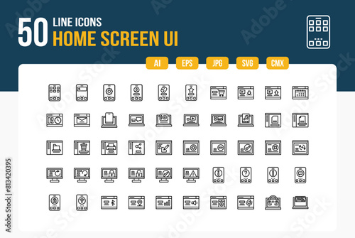 Set of 50 Home Screen UI icons related to home, search, Settings, User Line Icon collection