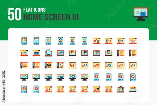 Set of 50 Home Screen UI icons related to home, search, Settings, User Flat Icon collection