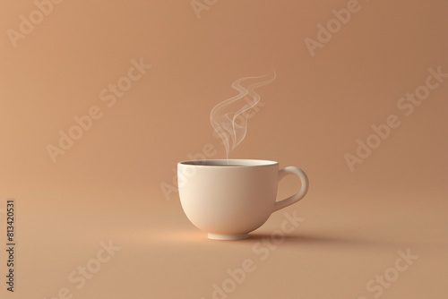 A 3D coffee cup icon with steam rising, on a pastel mocha background 