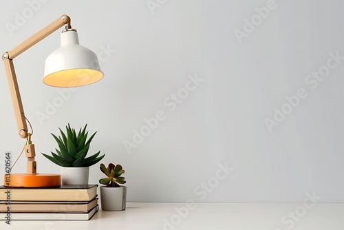 Lamp, books, and succulent plant on white wall background. © DYNECREATIVE