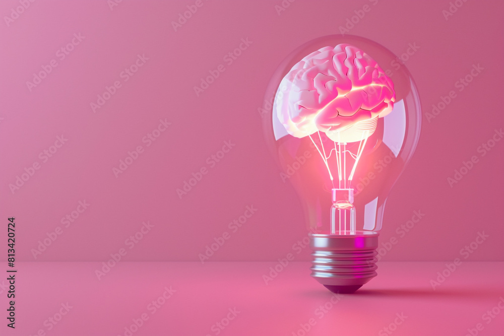 A 3D design of a brain glowing within a sleek light bulb, on a pastel magenta background, symbolizing the fusion of creativity and technology A 3D design of a brain glowing within a sleek light bulb, on a pastel magenta background, symbolizing the fusion of creativity and technology