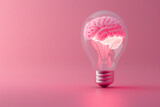 A 3D design of a brain glowing within a sleek light bulb, on a pastel magenta background, symbolizing the fusion of creativity and technology