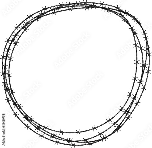 Twisted barbed wire silhouettes Steel black wire barb fence frames. Concept of protection, danger or security