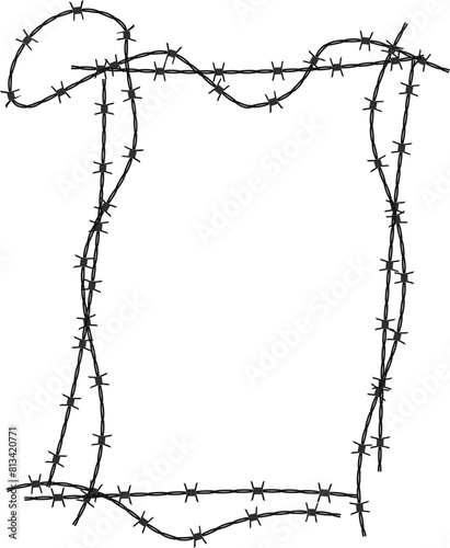 Twisted barbed wire silhouettes Steel black wire barb fence frames. Concept of protection, danger or security