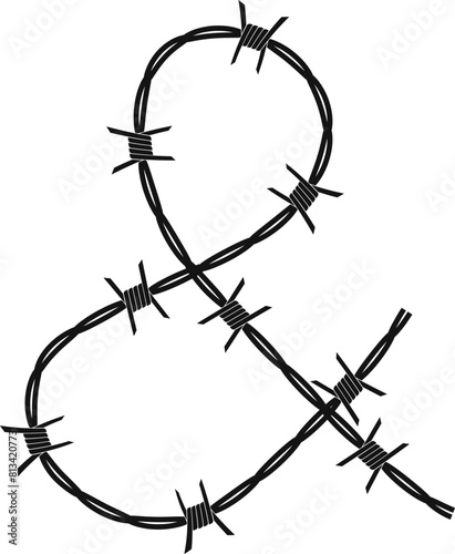 Twisted barbed wire silhouettes Steel black wire barb fence frames. Concept of protection, danger or security