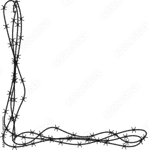 Twisted barbed wire silhouettes Steel black wire barb fence frames. Concept of protection, danger or security