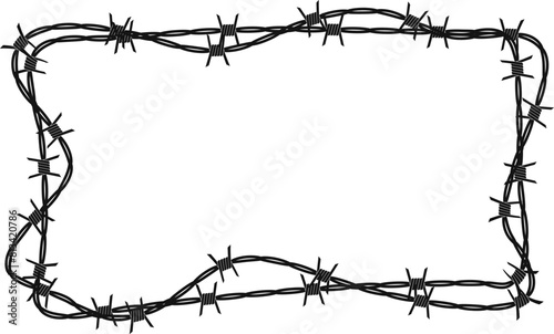 Twisted barbed wire silhouettes Steel black wire barb fence frames. Concept of protection, danger or security