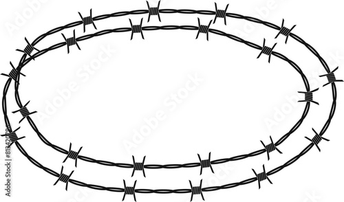 Twisted barbed wire silhouettes Steel black wire barb fence frames. Concept of protection, danger or security