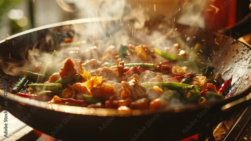 A sumptuous stir-fried dish mid-cooking process, featuring mixed vegetables and meat amongst lively flames A sumptuous stir-fried dish mid-cooking process, featuring mixed vegetables and meat amongst lively flames