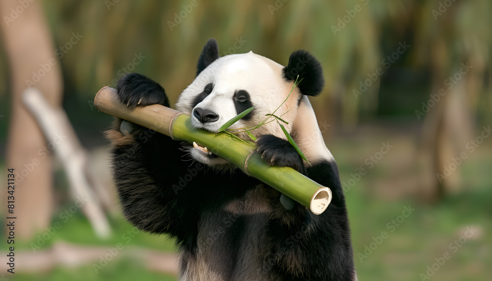 A panda eat bamboo stalk