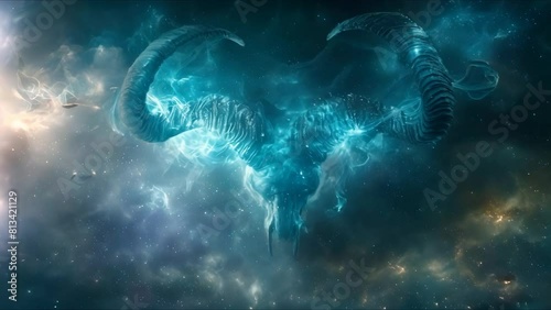 Divine Judgment: Gods' Wrathful Horns Loom in the Sky. Concept Fantasy, Mythology, Divine Power, Gods' Wrath, Judgment Day photo