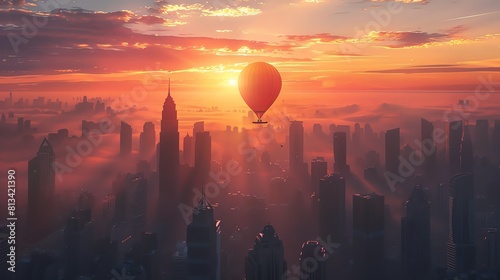 Hot air balloon flying over the city at sunrise. The sun is rising behind the buildings and the sky is a bright orange color. photo