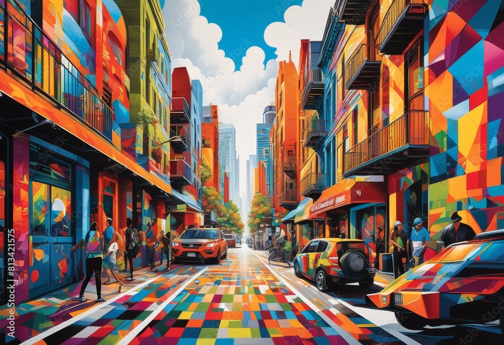 Obraz premium illustration, colorful urban street art lively districts, vibrant, graffiti, murals, cityscape, busy, bustling, neighborhood, city, vivid, dynamic, energetic, neighborhoods