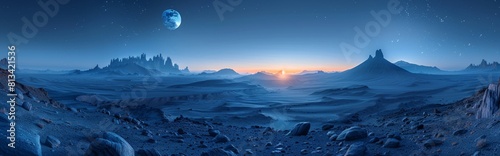 Panoramic wide angle view of vast landscape at night or dusk  mountains  sharp jagged rocks  vast arid rocky landscape - alien planet surface  ethereal sci-fi surface concept  pen tool cut Majestic Al