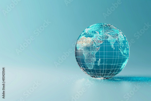 A 3D globe icon with digital grid lines  on a pastel indigo background 